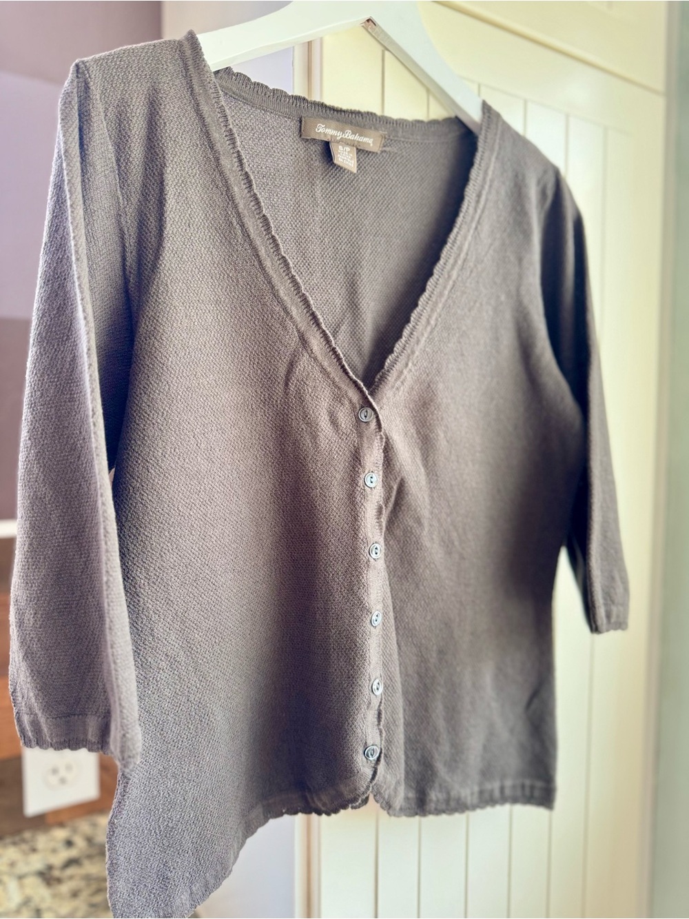 Tommy Bahama Textured Knit Cardigan Taupe Gray 3/4 Sleeve Coastal Size - Picture 3 of 10